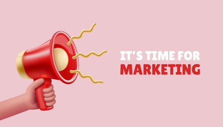 3d hand speaker. Sale web banner, media news from microphone or loudspeaker, attention symbol, warning man ad. Discount advertising. Render cartoon isolated elements. Vector illustrationのイラスト素材