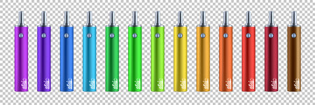 Vape flavors. Electronic cigarette design. Nicotine addiction. Alternative smoking accessory. Different vaporizers. Hookah pen or electric pod for tobacco smoke. E-cigarettes vector setのイラスト素材