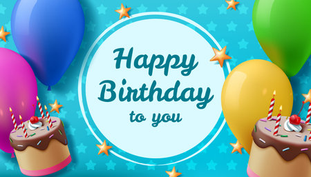 Happy birthday background. Greeting card. 3D holiday cake with candles. Festive congratulation. Balloons and stars. Fun celebrate text element. Birth day pattern. Vector banner templateのイラスト素材