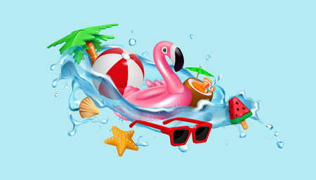 3D summer party. Beach vacation. Summertime holidays journey. Kids toy ball. Inflatable flamingo in sea water splash. Fun festive travel. Ice cream and coconut cocktail. Vector backgroundのイラスト素材