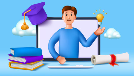 3D teacher. Student training online. People character on English course or class in computer. Render laptop and books stack. University education. Graduate diploma. Vector concept iconのイラスト素材