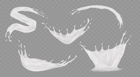 Milk splash. Liquid cream. Yoghurt splashing. 3D white drop texture. Milky wave splatter. Healthy drink. Fresh dairy product. Realistic water swirl. Vector isolated fluid elements setのイラスト素材