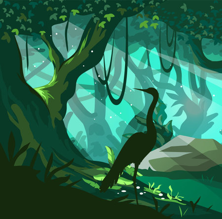 Jungle landscape. Wild forest. Tree trunks and lianas. Tropical nature. Light beams. Heron on stone. Rainforest foliage. Summer mystical scenery. Silhouette greenery. Vector backgroundのイラスト素材