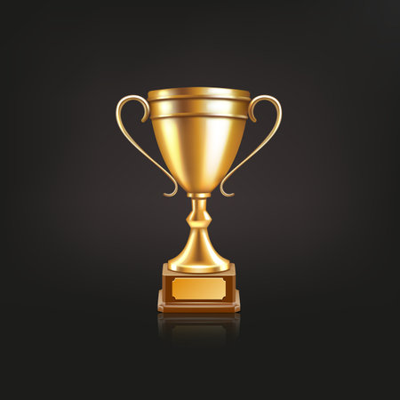 Trophy cup. 3d gold award for soccer or football golden champion winner, sport championship win. Leadership and success symbol. Achievement sign. Vector realistic prize isolatedのイラスト素材