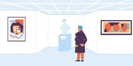 People in gallery. Cartoon visitor of art museum exhibition. Tourist looking at paintings and sculptures. Man enjoying of watching showpieces. View from behind. Vector illustrationのイラスト素材