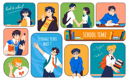 Students in school. People study and read book. Persons in class. Window collage. Children poses. Classroom blackboard. Kids learn lessons. Teenagers education. Vector flat collectionのイラスト素材