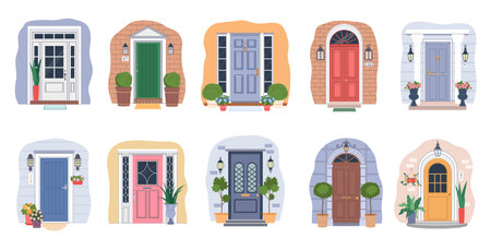 House doors. Apartment front entrance, home flower wall with porch lamp and welcome mat. Glass and wood door. Architectural modern and classic exterior. Vector flat cartoon setのイラスト素材