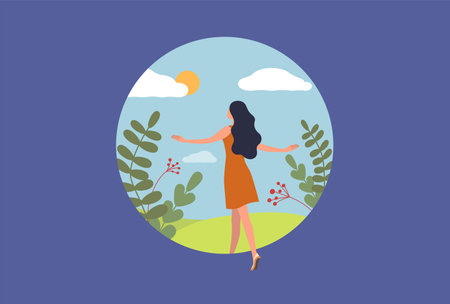 Step in future. New woman life. Door to world journey and changes. People begin path forward. Unknown way. Nature discovery. Find opportunity. Psychology concept. Vector illustrationのイラスト素材