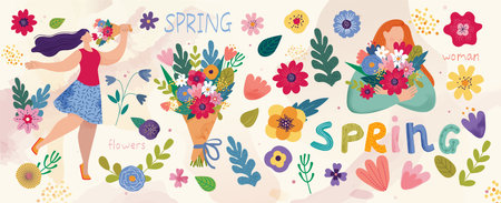 Woman day. Watercolor flower art bouquet from floral spring garden, summer happy women with people with blossoms, bud and gift. 8 march. Cartoon flat isolated illustration. Vector backgroundのイラスト素材