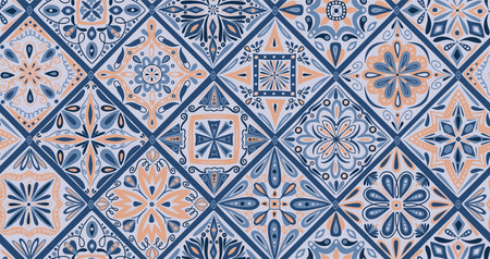 Turkish tile. Portugal decor seamless pattern. Portuguese arabesque texture. Moroccan floral wall ornament. Old organic ceramic. Blue botanical print. Square tiling. Vector backgroundのイラスト素材