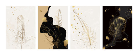 Gold feathers. Golden elegant bird art pattern. Graphic wallpaper texture. Abstract simple paintbrush. Foil paint spots. Fly fluffy quills. Wing plumage. Vector design backgrounds setのイラスト素材