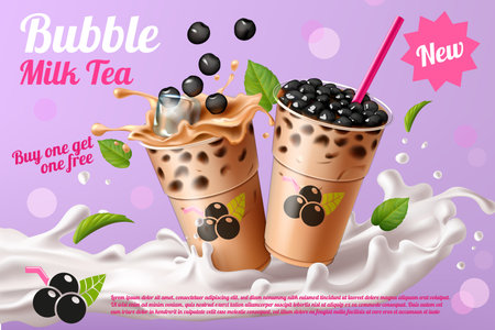 Boba drink. Bubble milk tea with tapioca pearls, asian beverage ad, delicious commercial advertising. Cold summer sweet beverage in takeaway glasses. Banner design. Vector 3d illustrationのイラスト素材