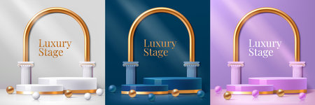 Podium background. 3D black luxury product exhibition stage. White or golden cylinder platforms. Ancient column arch. Glossy spheres. Gold foil. Elegant stand. Vector display platforms setのイラスト素材