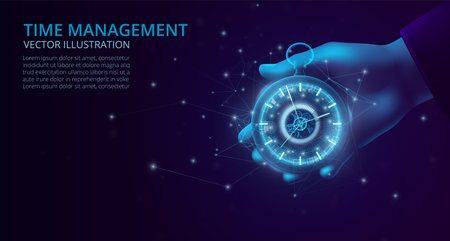 Digital clock. Low poly watch. Time management. Clockwork technology for business. Polygon timepiece in hand. 3D wireframe. Blue light chronometer. Accuracy stopwatch. Vector backgroundのイラスト素材