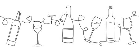 Wine drink. Continuous line art sketch. Alcohol beverage. Love champagne. Bar party. Cocktail goblet. Glass bottle. Doodle corkscrew and wineglass. Vector outline pattern backgroundのイラスト素材