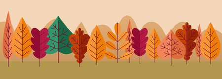 Autumn poster. Forest landscape. Oak and maple foliage. Orange birch. Fall season flora. Simple flat plants. Autumnal panorama. Wild woodland scenery. Nature environment. Vector backgroundのイラスト素材