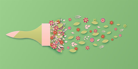 Spring paper art. Craft flower cut. Paint brush in creative summer nature style. Papercut blossoms and leaves. Artistic painting. Floral paintbrush. Mother s day poster. Vector backgroundのイラスト素材
