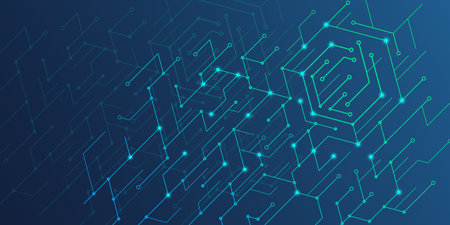 Tech background. Digital data connect, innovate business information in internet, future graphic. Horizontal banner backdrop, technology digital texture. Glowing lines. Vector abstract linesのイラスト素材