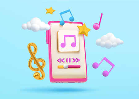 3D phone. Music playlist render in cellphone. Online soundtrack streaming. Play UI button. Song store app. Smartphone technology. Sound listening. Musical note. Vector realistic iconsのイラスト素材