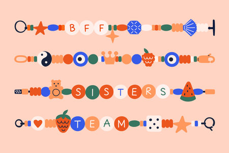 Friendship bracelets. Retro necklace beads, fashion accessories for schools, child creative art, children or kid doodles. Sisters and team. Cute hand jewelry accessory. Vector cartoon symbolsのイラスト素材