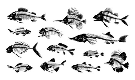 Fish bone. Water animal skeleton black silhouette. Fishing icon. Predatory carp. Fishery with river swordfish. Skull and spine. Aquatic creature shapes. Vector seafood flat symbols setのイラスト素材