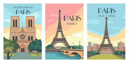 Paris posters. Vintage France travel postcards for French tour or beautiful trip landmark. Urban landscape. Eiffel tower. Notre-dame cathedral. Famous building. Vector vacation cards setのイラスト素材