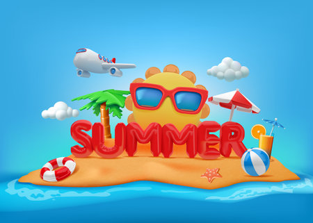 Summer background. 3D sand beach. Sea island. Sun and fun holiday elements. Vacation travel. Blue sky and ocean water waves. Cartoon sun. Tropical cocktail. Vector illustration posterのイラスト素材