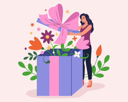 Woman with gift box. Open wrapped present, surprise birthday package, happy excited girl people with bonus. Giveaway winner portrait. Party congratulation. Vector cartoon flat isolated conceptのイラスト素材
