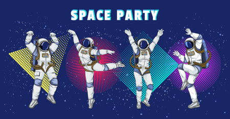 Astronaut party. Retro space disco dance music. Vintage rocket and spaceman. Fun future of cosmic science. Color dotted geometric shapes. Cosmic dancers. Cosmonaut poses. Vector bannerのイラスト素材