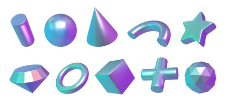 3d shapes. Abstract holographic objects, circle, cube and star elements render, metal ball sphere and brilliant with futuristic gradients. Geometry trendy collection. Vector design setのイラスト素材