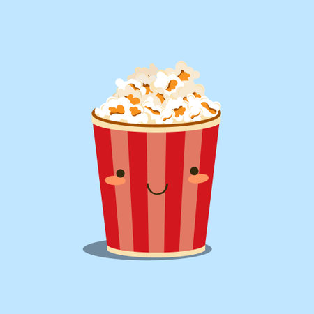 Popcorn character. Pop corn basket. Cinema snack. Red striped box. Happy smiling face. Takeaway cinematography fast food. Cartoon emoji. Unhealthy eating. Vector cheerful meal mascotのイラスト素材