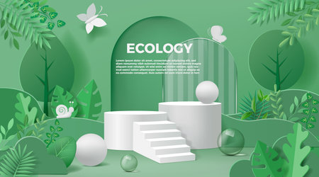Green background. Eco tree banner with organic product podium in garden, environment design with plant leaf and flowers. Minimal style empty showcase backdrop. Banner template. Vector designのイラスト素材