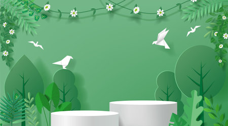 Eco background. Green tree garden with white empty platform, product podium in plant leaf, summer ecology banner with stage in leaves. Minimal showcase scene. Paper cut vector templateのイラスト素材
