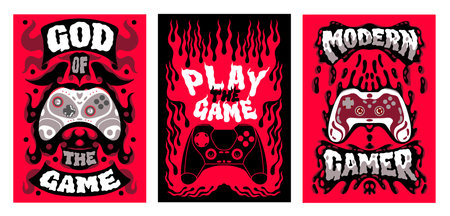 Game posters. Video gamer control slogan. Boy joystick trendy print or kids sport doodle tee. Red fire or dripping blood. Gaming controller. Grunge drawing. Vector cartoon banners setのイラスト素材