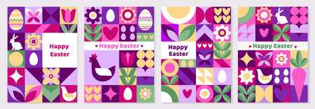 Easter patterns set. Flower egg shape abstract cards, geometry colorful bunny decor for retro mosaic...