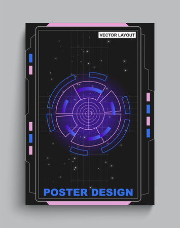 Grunge poster. Digital viewfinder. Space stars. Cyber frame. Game aiming. Astronaut spaceship. Universe infinity. Galaxy shuttle. Spacecraft flight. Cosmos discovery. Vector Sci-Fi cardのイラスト素材