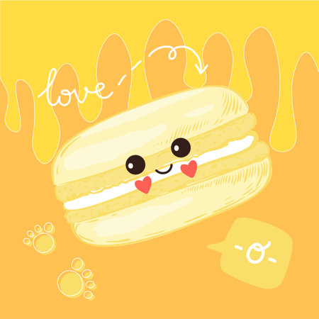 Macaron poster. Yummy sweet cookie. Cartoon food character. Smiling face. Happy cake. Cute French dessert. Kawaii confectionery. Love pastry. Dripping syrup. Vector children card designのイラスト素材