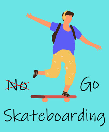 Man on skateboard. Boy riding board. Guy listening to music with headphones. Extreme sport. Skateboarding person. Teenager balancing on longboard. Vector skateboarder motivational posterのイラスト素材