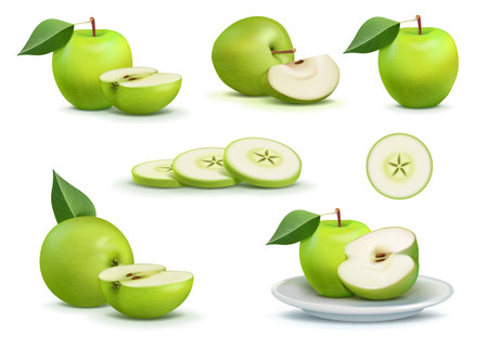 Green apple. Fruit with leaves. Glossy vegetable. Art shiny and juicy fresh food. Spring and summer harvest. Natural product. Whole and half. Cut slices on plate. Vector ripe pieces setのイラスト素材