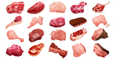 Meat products. Natural food. Chicken sausage. Raw beef and red steak. Cut pieces for barbecue. Pork ham and bacon for BBQ. Gastronomy delicacy. Vector butcher cooking ingredients setのイラスト素材