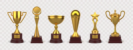 3D award. Golden cup for soccer champions. Sport competition. Gold goblets. Game winner prize shapes. Championship achievement. Tournament victory. Vector realistic winning rewards setのイラスト素材