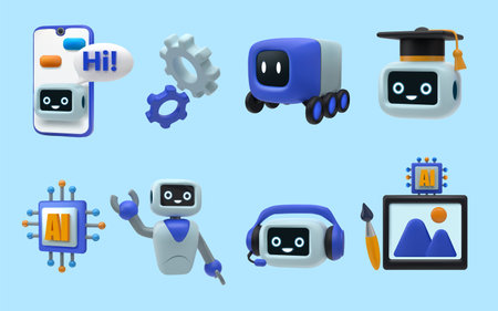 Chatbot robot. 3D android assistant. Mobile app. AI support character. Cogwheel gears and microchip hardware. Cyborg with artificial intelligence. GPT chat. Vector render elements setのイラスト素材