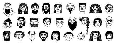 Sketch faces. Doodle man and woman portraits. Girls hairstyle. People emotion expression. Man with beard and mustache. Young woman makeup. Pen or pencil drawing. Vector facial avatars setのイラスト素材
