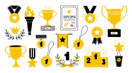 Doodle trophy. Winner award. Gold medal with ribbon. Hand drawn champion cup prize or sport podium. Win certificate. Success achievement. Competition victory. Vector honor icons setのイラスト素材