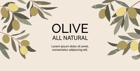 Olive label. Oil tree, leaf and branch with leaves for vintage spain label, green herb and berry salad. Horizontal banner design with copy space for text. Minimal botanical vector illustrationのイラスト素材