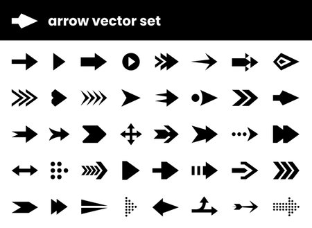 Arrow icons. Up and down symbols. Modern right or left direction. Round play button. Black silhouette pointer. Circle sign. Way pointing. Abstract flat shapes. Vector swipe pictograms setのイラスト素材