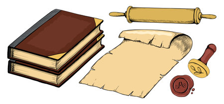 Ancient books. Parchment scroll. Antique document. Color sketch drawing. Papyrus sheets. Old stamp. Medieval letter. Manuscript roll. Historical curled pages. Engraving elements vector setのイラスト素材
