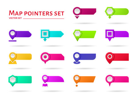 Pin icons. Map marker. 3D place mark or GPS destination point. Arrow position tag symbol. Navigation pointer. Trip location button. Journey direction. Vector geolocation symbols setのイラスト素材