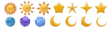 3d sun, moon and star, crescent. Night, day cloud cartoon icons, light shape of nature sky, sunny weather elements. Forecast meteorology objects. Vector simple isolated render cute cartoon setのイラスト素材