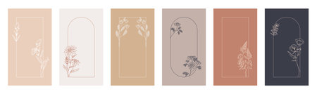 Flower frame. Line floral border, ornament decoration or minimal leaf pattern, simple art card, outline wreath. Social stories template. Web vertical banner. Cover or flyer vector backgroundのイラスト素材